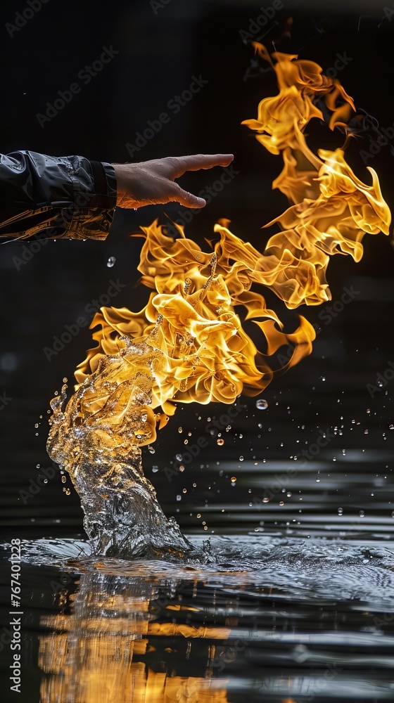 Poster an open palm from which a stream of fire emanates on a dark blue background. concept: visualization 