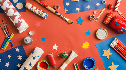 Fourth of July crafting session flat lay with homemade flag-making materials stickers and paint. - obrazy, fototapety, plakaty