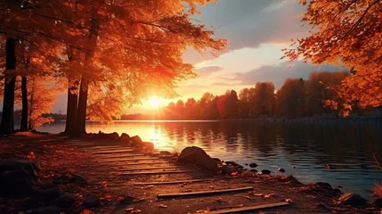 Fotobehang Beautiful natural park with lake and autumn trees and sunset view. Autumn natural concept background. © Alpa