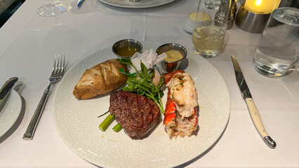 Filet Mignon and Lobster dinner at a restaurant on a cruise ship.