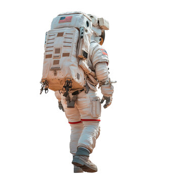 A man in a white space suit is walking with a backpack on