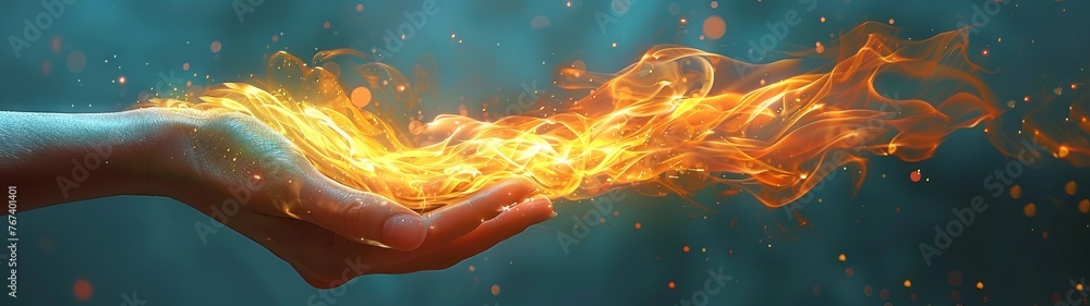 Poster an open palm from which a stream of fire emanates on a dark blue background. concept: visualization 