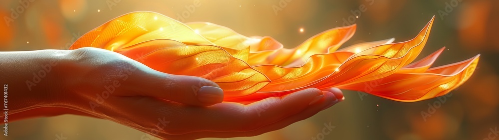 Aufkleber an open palm from which a stream of fire emanates on a dark blue background. concept: visualization 