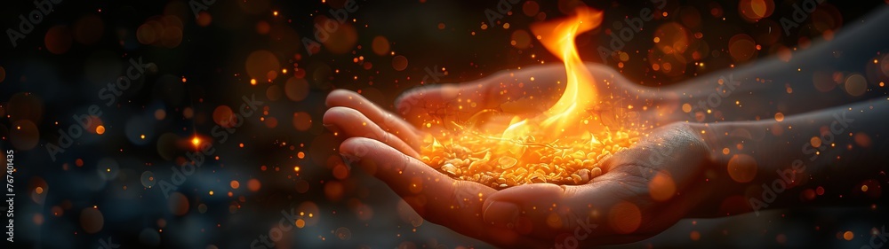 Aufkleber an open palm from which a stream of fire emanates on a dark blue background. concept: visualization 