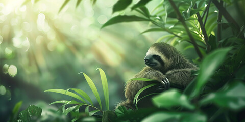 Serene Sloth Resting Peacefully Amidst Lush Green Forest Leaves Banner