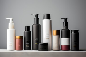 A lineup of sleek skincare product bottles in a clean and organized arrangement, ready for customization on blank labels.