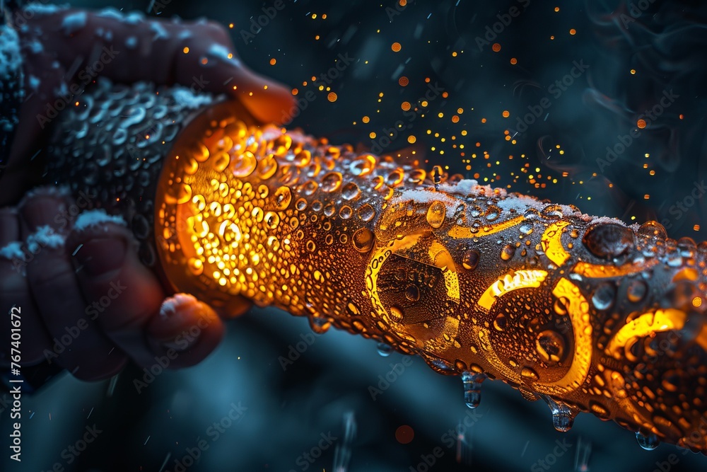 Poster an open palm from which a stream of fire emanates on a dark blue background. concept: visualization 