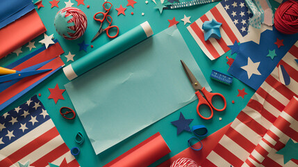 Fourth of July craft project flat lay with colored paper scissors and glue. - obrazy, fototapety, plakaty