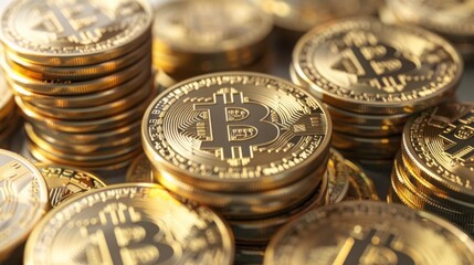Pile of Golden Bitcoin Cryptocurrency Coins