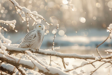 Majestic Snowy Owl Perched Serenely Amid Winters Glittering Wonderland Banner