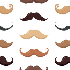 Seamless pattern with retro style mustaches in different colors. Hipster, gentleman or barbershop symbols. Vector illustration on white background.
