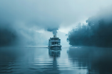 Mystical River Cruise: Foggy Morning Journey on a Vintage Steamboat Banner - obrazy, fototapety, plakaty