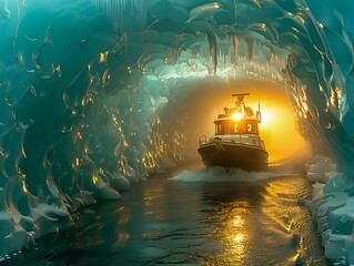 Boat sailing on water in an ice tunnel.
