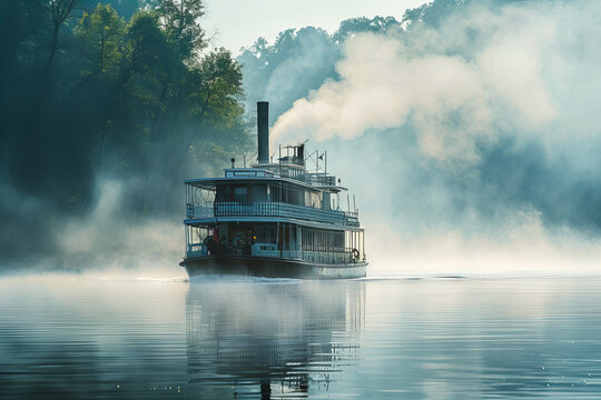 Vintage Paddle Steamboat Sails Through Misty Morning Waters Banner