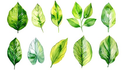 Leaves watercolor set. Hand painting floral illustration. Green leaf, plants, foliage, branches isolated on white background. Generative Ai - obrazy, fototapety, plakaty