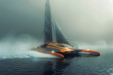 Futuristic Orange Sailboat Speeding Through Misty Waters Banner