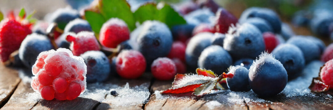 red and white.  background frozen berries on a wooden surface