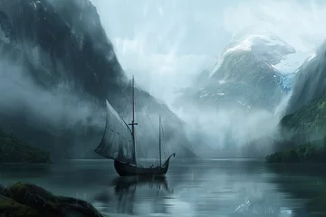 Rolgordijnen Mystical Voyage: Serene Waters and Mist-Enshrouded Mountains Banner © Алинка Пад