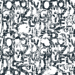 Seamless pattern with alphabet letters in black and white paint splashes, blots and handwritten text. Abstract vector background with latin letters. Suitable for wallpaper, wrapping paper - 767402651