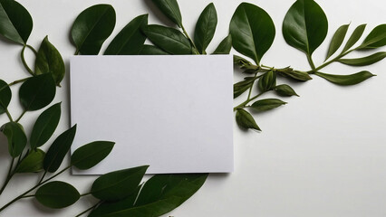 Mockup card birthday wedding background white table paper top greeting view stationery. Card blank postcard mockup birthday frame gift mock flatlay design green leaves happy desk template composition 