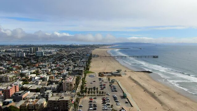 Aerial: Town By Beach On Sunny Day Under Cloudy Sky - Los Angeles, California