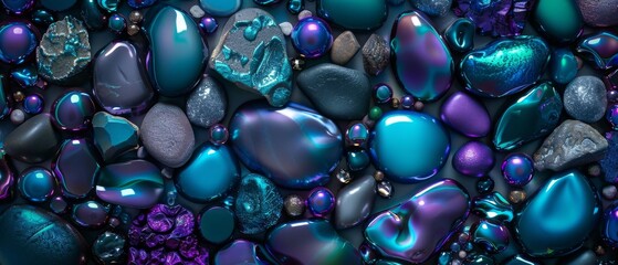 Fantasy shining stones backdrop in violet, turquoise hues for a magical summer, fun. Dreamlike, sparkling gemstones magical vacation or fairy tale. 