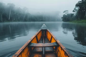 Foto op Plexiglas Mystical Morning Canoe Journey Through Foggy Tropical Forest Lake Banner © Алинка Пад