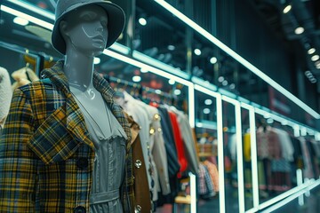 Mannequin wearing stylish clothes on showcase in store