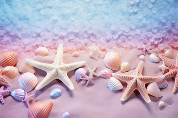 Fototapeta na wymiar Group of starfish and seashells on beach