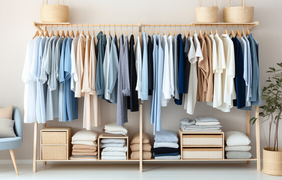 white, beige and blue clothes lay on shelves and hang on wooden