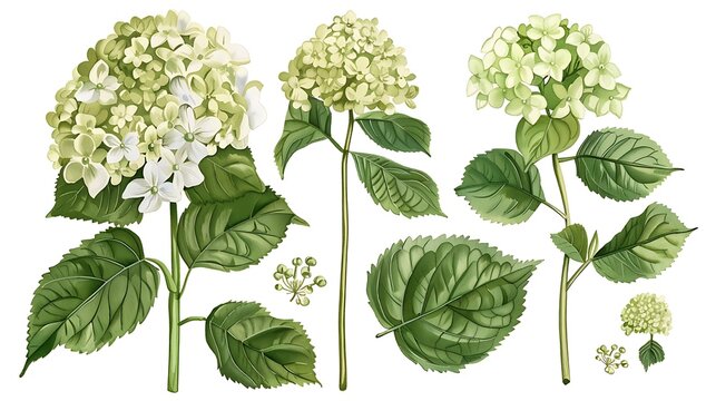 Set of hydrangea flowers and leaves on an isolated white background, watercolor botanical painting, hand drawing, floral design. Generative Ai