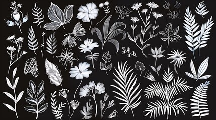 set of plant and flower floral cut doodles hand drawn. Exotic jungle leaves, flowers and plants. Perfect for posters, instagram posts, stickers. Generative Ai