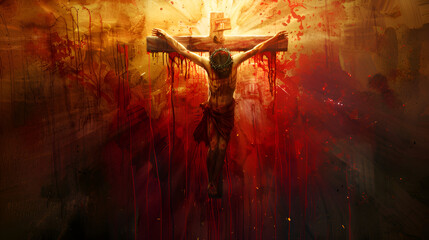 Jesus death on the cross at Golgotha with blood splash, that is place of skull by impalers. Easter concept 