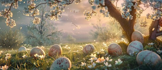 Easter eggs in a meadow surrounded by spring blossoms.
