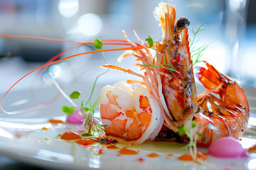 A detailed view of a seafood delicacy prepared by a skilled chef.