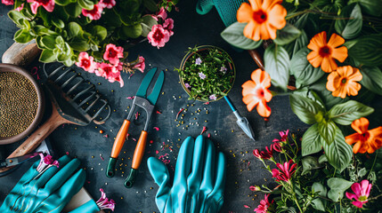 Gardening flat lay with gloves tools seeds and a pot of flowers.