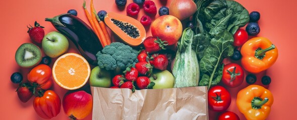 Organic fruits and vegetables in grocery paper bag on different backgrounds. Flat Lay. Space for text. Lifestyle. Farming. For banners, posters, ads, wallpapers, blogs