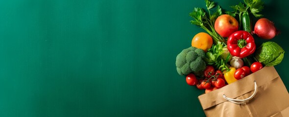 Organic fruits and vegetables in grocery paper bag on different backgrounds. Flat Lay. Space for text. Lifestyle. Farming. For banners, posters, ads, wallpapers, blogs