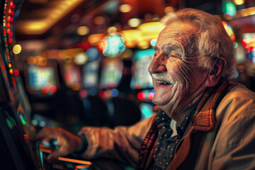 Fototapeta premium A detailed view of a smiling elderly man at a casino, his face full of hope and excitement as he plays at the slot machines