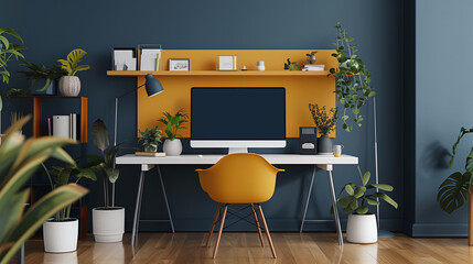 Stylish home office with a mustard accent wall, modern furniture, and vibrant houseplants