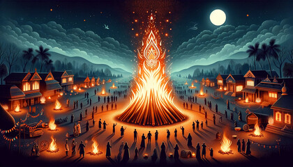 Holika dahan poster illustration with large bonfire