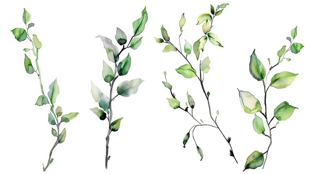 Watercolor hand painted botanical spring DIY leaves and branches illustration clipart isolated on white background. Isolated objects for wedding invitations and greeting cards. Generative Ai