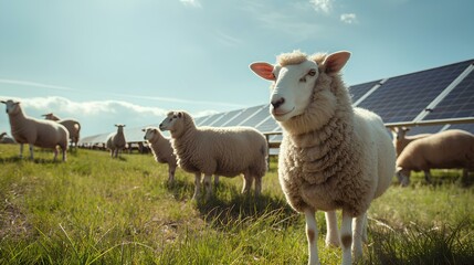 Sheep grazing on grass underneath raised solar panels on a solar farm. generative AI - obrazy, fototapety, plakaty