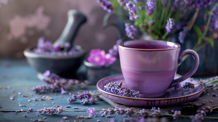 Cup of healthy lavender tea and lavender flowers