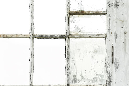 A detailed view of an old window, its weathered frame and cracked glass standing out against a pure white background