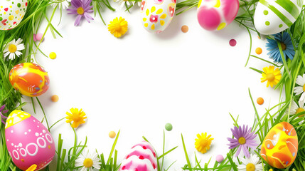 Naklejka na ściany i meble Easter background, Festive Easter frame with colorful eggs and spring flowers on white