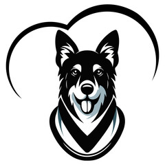 Veterinary clinic logo. Illustration of a dog and a modern designer referencing a heart. Black and white colors.