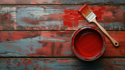 red paint can with brush on wooden floor