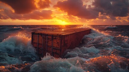 floating cargo containers from logistic cargo ship with wave after big storm. - obrazy, fototapety, plakaty