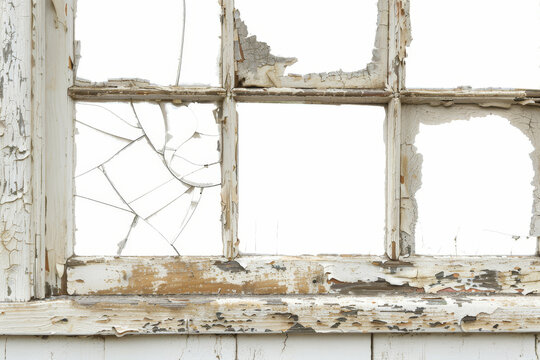 A detailed view of an old window with peeling paint and a broken pane, isolated against a stark white backdrop
